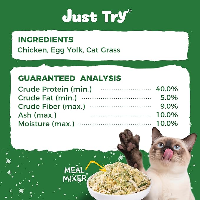 Just Try 8 oz Cat Grass Treats Freeze Dried Cat Food Toppers Mixers Hairball Control Low Calorie Real Chicken Egg Yolk Dental Care Healthy Cat Snacks Treats for Indoor Cats
