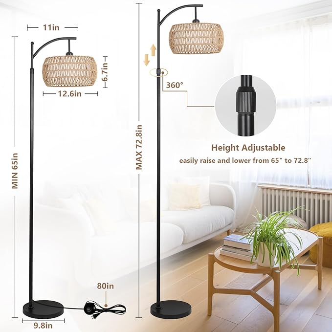 Arc Floor Lamp with Remote Control, Dimmable LED Floor Lamp with 3 Color Temperature, Black Standing Lamp with Rattan & Fabric Double Drum Shade, Boho Farmhouse Tall Pole Lamp for Living Room Bedroom