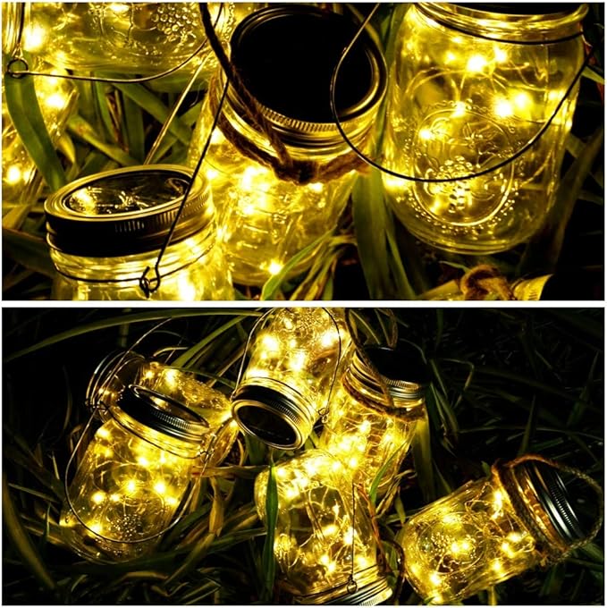 SmilingTown Solar Mason Jar String Light Lids 12 Pack 30 LED Fairy Firefly Inserts Lighting with 12 Hangers Waterproof for Outdoor Tree Patio Lawn Garden Decor, No Jars