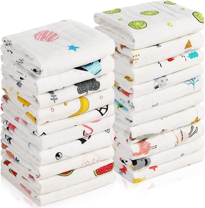 Chumia 20 Pack Muslin Baby Burp Cloths Large 20 x 10 Inches Cotton Baby Burp Rags Towel and Washcloths Face Towels 6 Layers Super Absorbent for Infant Shower,20 Styles