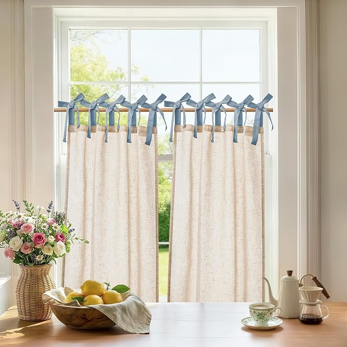 jinchan Linen Tie Top Curtains 36 Inch Length Farmhouse Cafe Curtains Set of 2 for Bedroom Bathroom Rustic Small Windows Light Filtering Crude Panels with Blue Ties