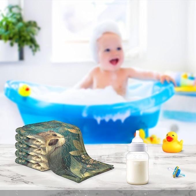 Newborn Face Towel Otter Soft Cotton Baby Washcloths 11.8 x 11.8 Inch Infants Girls Boys Muslin Burp Cloths 5 Pack