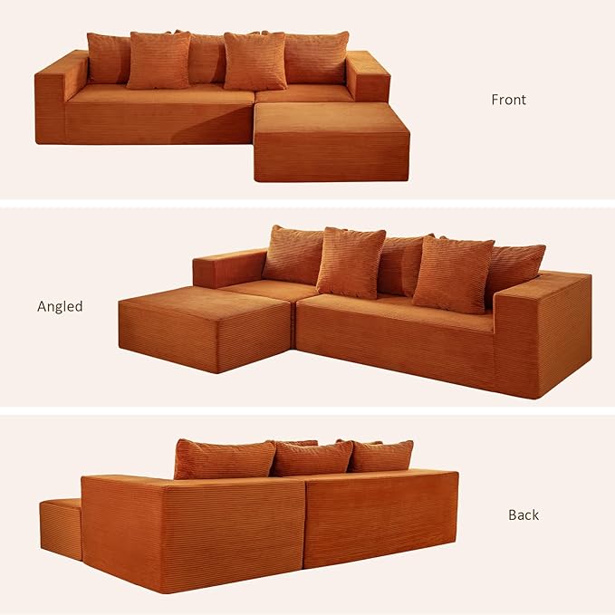 INGEROOM 108" Cloud Sectional Couch with L-Shape Chaise, Modular Sofa Memory Foam, Boneless Sofa with Movable Ottoman, Upholstered Couches for Living Room Bedroom, No Assembly Required, Orange