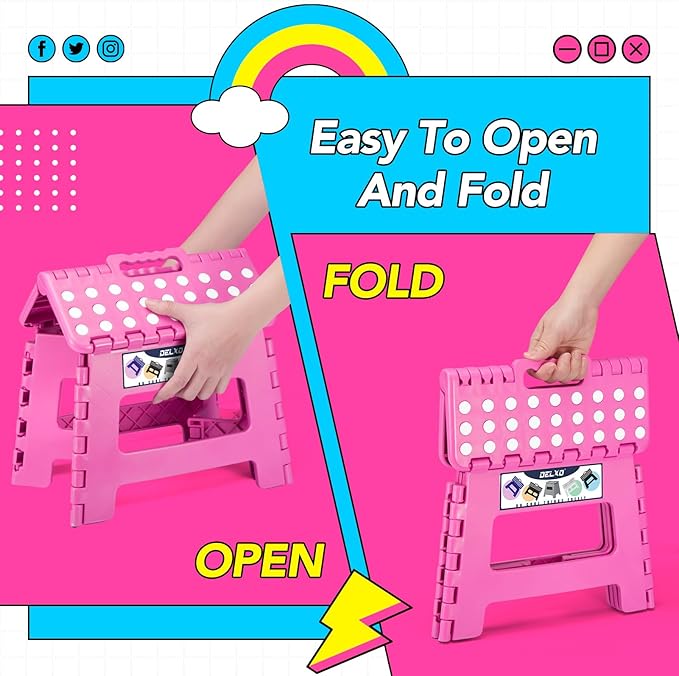 Delxo Folding Step Stool 9 inch Non-Slip Foldable Stools Up to 300 LBS Kids Step Stool with Handle Lightweight for Kitchen, Bathroom, Bedroom, Garden, Rose Pink, 1PC