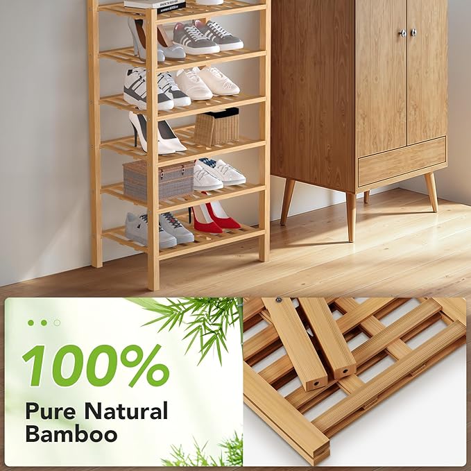 Haddockway small 6 Tier Bamboo Shoe Rack Storage Organizer,Multifunctional Free Standing Stackable Shoe Shelf with Grid Panel for Closet,Hallway,Entryway,Small Space 18"x11"x34"(Natural, 6-Tier Small)