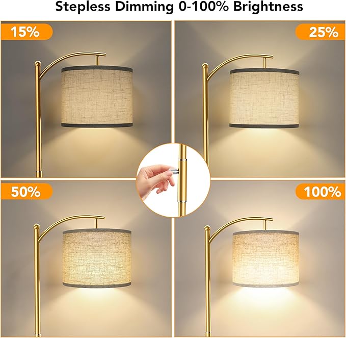Dimmable Floor Lamp, Arc Floor Lamps for Living Room, Stepless Dimming Modern Standing Lamp with Linen Shade, Tall Lamp for Bedroom Office Dining Room- Gold