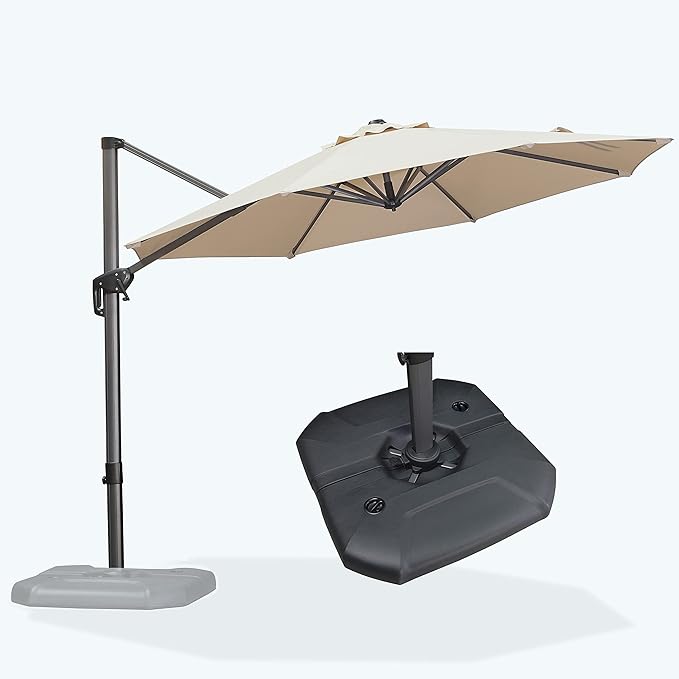 PURPLE LEAF 10 Feet Patio Umbrella with Base Outdoor Cantilever Round Umbrella Aluminum Offset Umbrella with 360-degree Rotation for Garden Deck Pool Patio, Beige