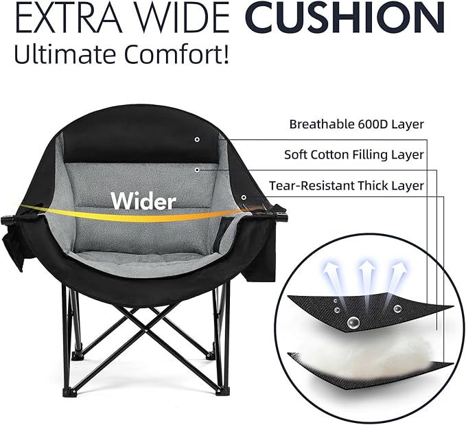 Oversized Camping Chairs for Adults - Heavy Duty Padded Outdoor Folding Lawn XL Camp Chair with Cup Holder Cooler Pockets for Outside Sports Beach Fishing Garden Portable Supports 500lbs, Black