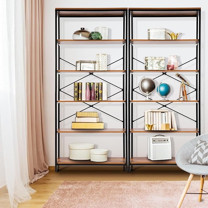 Himimi 6-Tier Bookshelf Set of 2,Tall Bookcase Industrial Wood Storage Rack with Open Book Shelves,Modern Metal Standing Organizer,Vintage Display Rack for Living Room, Office, Bedroom, Rustic Brown