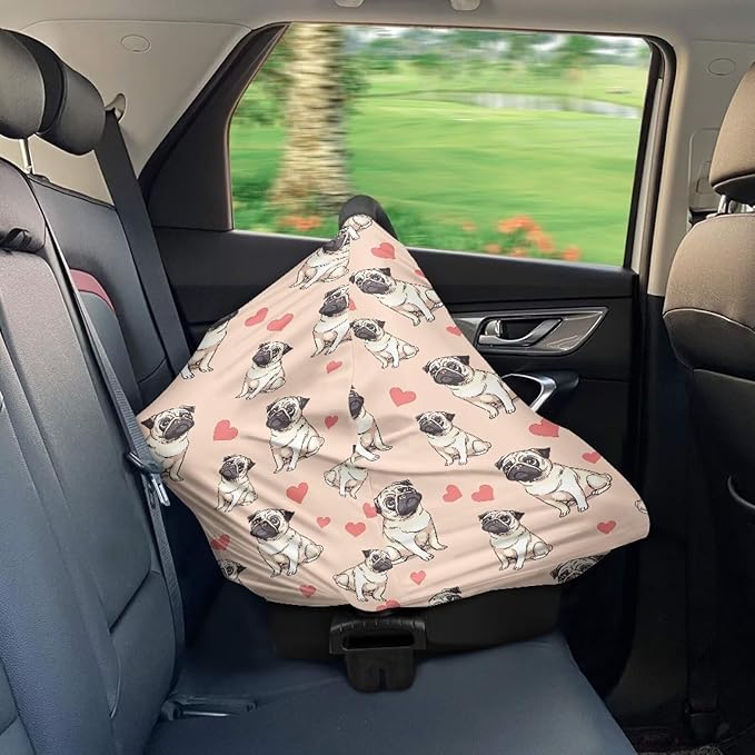 Biyejit Pug Dog Hearts Baby Car Seat Covers Canopy Cover, Stretchy Car Seat Covers for Babies, Soft Jersey Nursing Breastfeeding Cover, Multi-use Cover Infant Carseat Canopy
