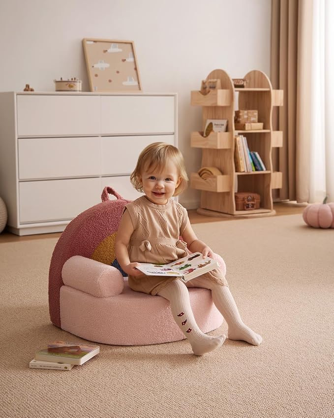 Blissful Diary Toddler Chair Comfy, Foam Kids Chair with Soft Teddy Plush, Toddler Reading Chair with Cute Arclet Designs- Blush Pink