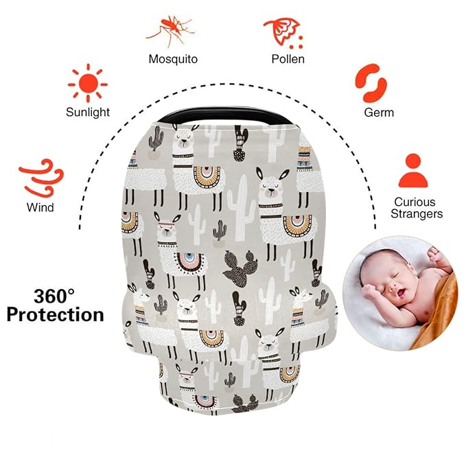 Stretchy Baby Car Seat Covers for Boys Girls Llama Cactus Infant Car Canopy Nursing Cover Breastfeeding Scarf