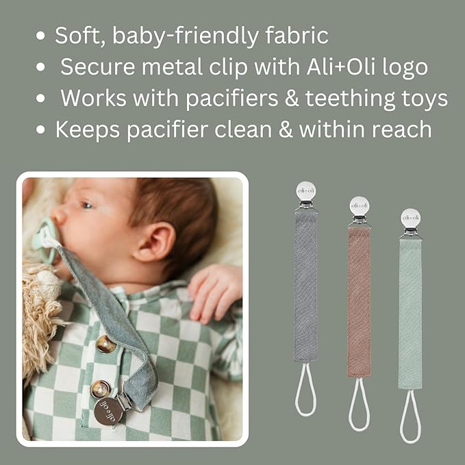 Ali+Oli Linen Strap Pacifier Clip (Forest) Set of 3 (10" x 1") Baby Pacifier Holder for Newborn Pacifiers & Teethers, Binky Clips, Silicone-Free Pacifier Clips