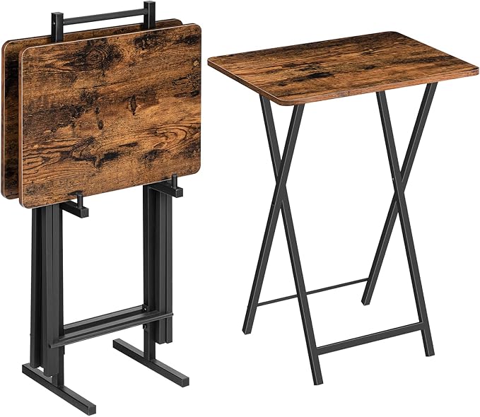 HOOBRO Folding TV Tray Table, TV Trays for Eating Set of 4 with Stand, Folding TV Dinner Tables for Small Space, Easy Assembly, Space Saving, Stable and Durable, Rustic Brown and Black BF20BZP401