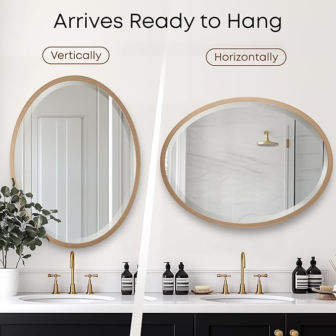 OVALCREST - Oval Wooden Beveled Wall Mirror for Home Decor, Bathroom, Vanity, Bedroom, Living Room, Hallway - London Style (Gold Spray) 21.1 x 25.1