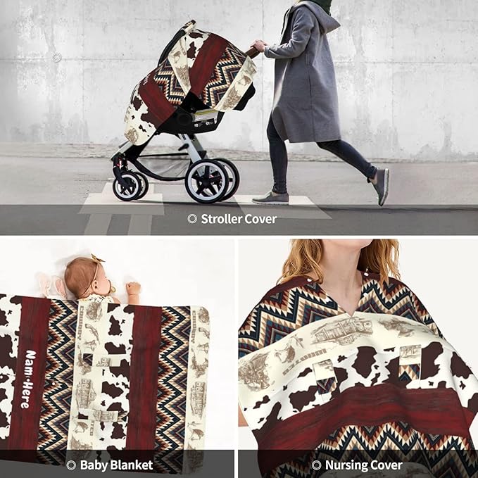 Personalized Western Style Baby Car Seat Canopy for Babies with Name, Customized Cowboy Stroller Car Seat Covers for Girls Boys, Minky Nursing Carseat Cover for Breastfeeding, Newborn, Infant