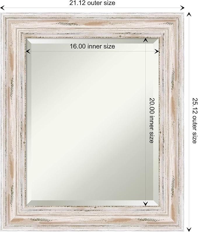 Amanti Art White Bathroom Mirror for Over Sink, 25x21 Alexandria White Wash Rectangle Vanity Mirror, Small Coastal Wood Frame, Hangs Horizonally and Vertically, Bathroom Wall Decor, Beveled Edge
