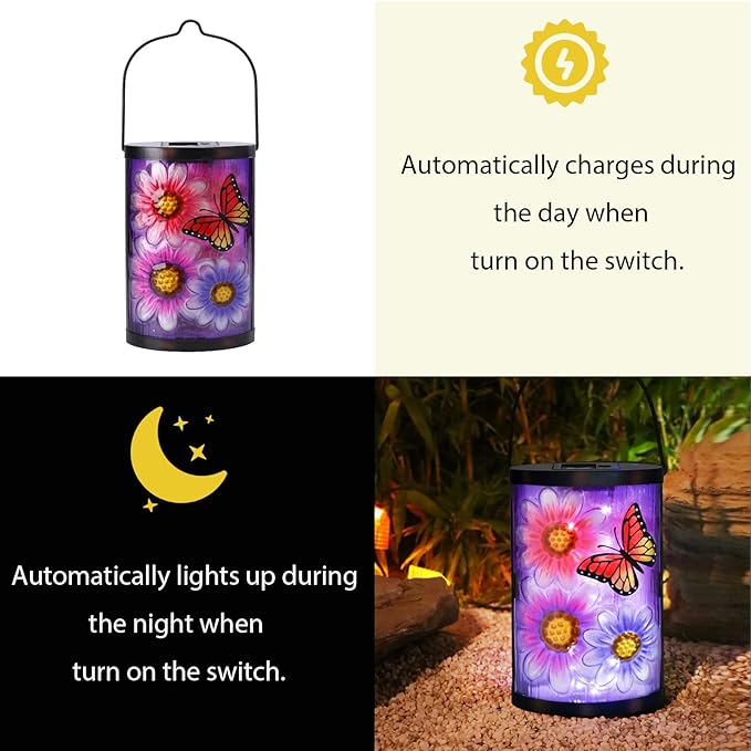Afirst Hanging Solar Lantern Outdoor Butterfly Glass Lights Waterproof LED Lamp for Garden Yard Tree Desk Decor