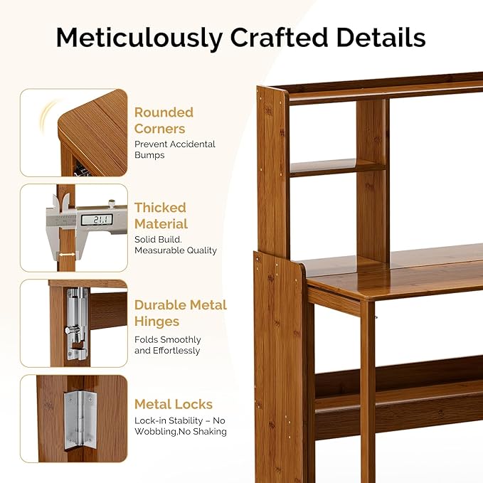 31.1" Bamboo Folding Desk with Bookshelf, Compact Computer Desk for Small Spaces, Foldable Study Table with Storage Shelf, Space-Saving Home Office Table for Bedroom, Dorm, Apartment,Brown