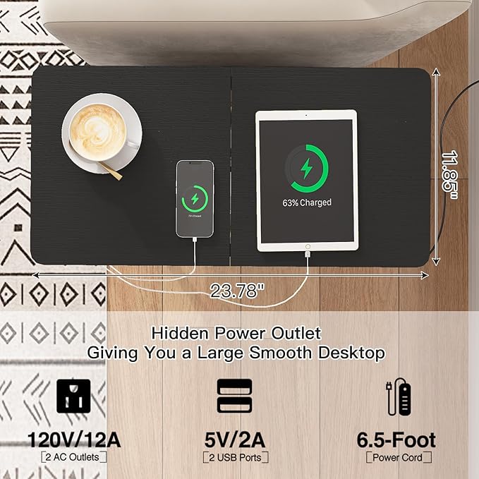 LIDYUK End Table with Charging Station, Narrow Side Table with Drawer and USB Ports & Power Outlets, Nightstand Bedside Tables for Small Spaces, Bedroom, Living Room, Black, Set of 2