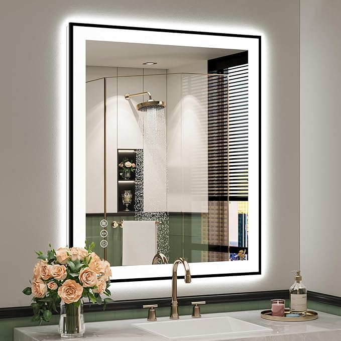 36x30 Inch LED Bathroom Mirror with Lights (Front Lit and Backlit) Black Framed Lighted Vanity Mirror for Bathroom Wall Dimmable Anti-Fog Memory Tempered Glass Horizontal/Vertical