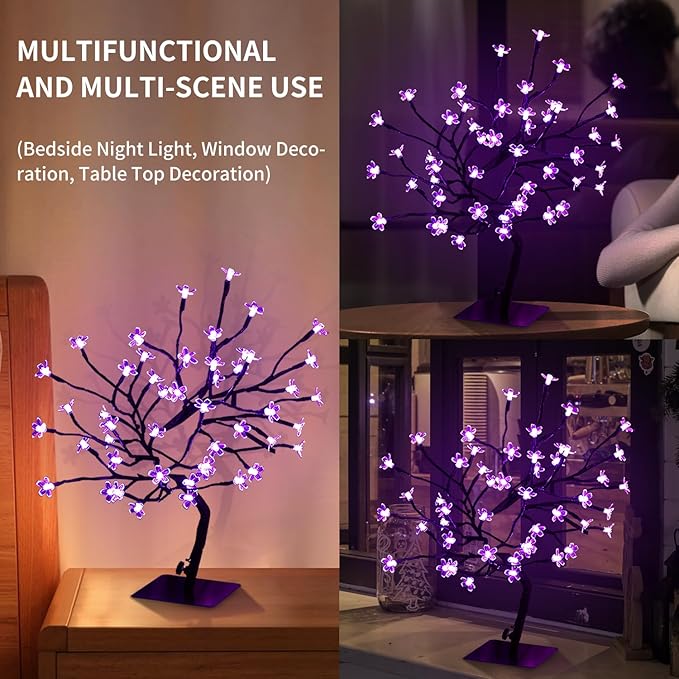2 PK Cherry Blossom Tree Lights,Artificial Bonsai Tree with 48 Warm White Led Lights, 16.2 Inch Prelit Cherry Blossom Lamp for Christmas Party Wedding Gift Home Tabletop Decoration