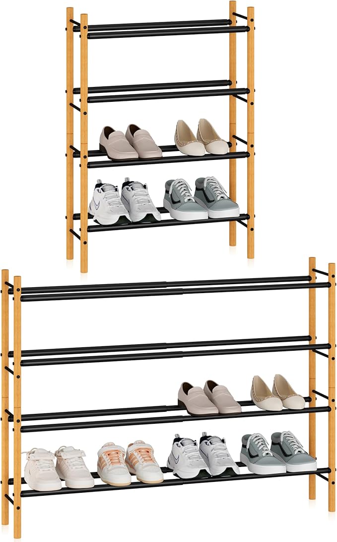 STORAGE MANIAC Expandable Shoe Rack, 12 Pairs Stackable Small Shoe Rack, Metal Adjustable Shoes Organizer for Closet, Entryway, Hallway, Garage, Front Door, Shoes Shelves, Bamboo 3 Tier