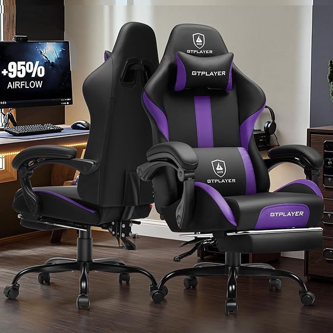 GTRACING Gaming Chair with Foot Rest & Pocket Spring Cushion, Ergonomic High Back Computer Chair with Headrest & 360°-Swivel Seat for Home Office Desk, PU Leather, Purple