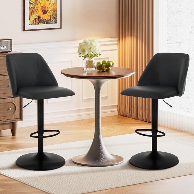 COLAMY Bar Stools Set of 6, Modern Swivel Bar Chairs, Adjustable PU Leather Upholstered Barstools Counter Height with Full Backrest for Bar, Dining Room, Kitchen Island, Black