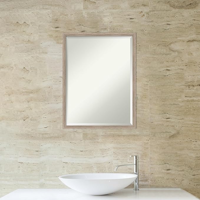 Amanti Art White Bathroom Mirror for Over Sink, 25x19 Hardwood Wedge White Wash Rectangle Vanity Mirror, Medium Country Rustic Wood Frame, Hangs Horizonally and Vertically, Bathroom Wall Decor,