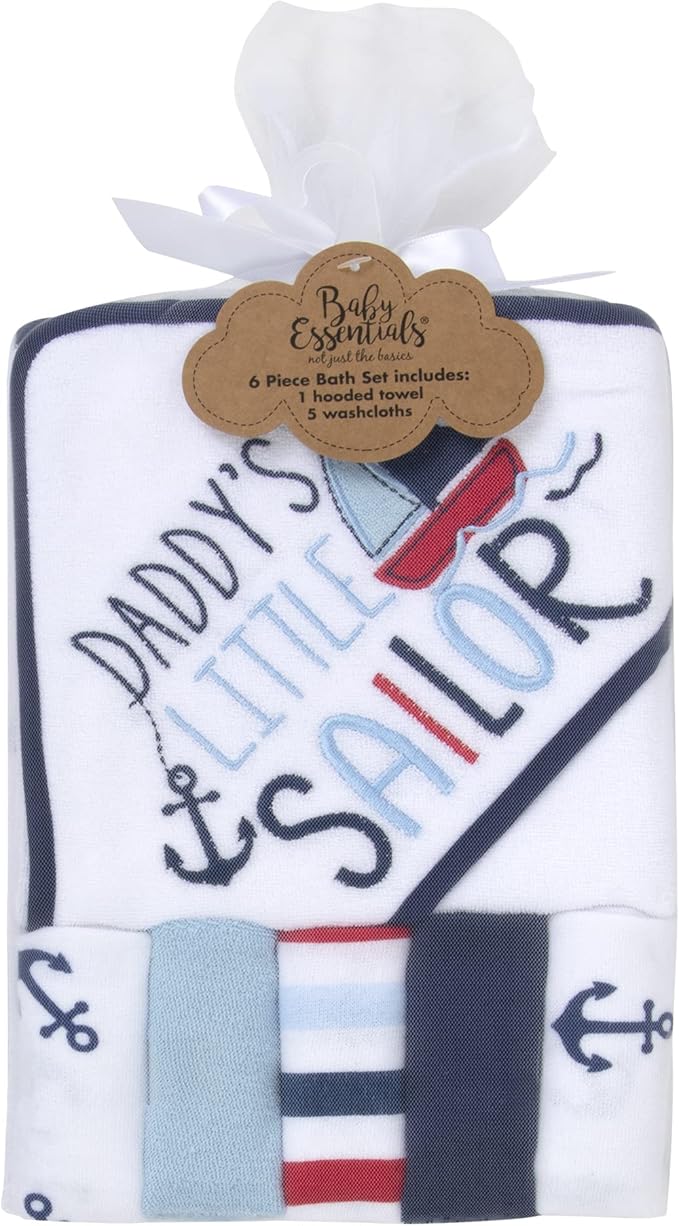 Baby Hooded Bath Towel and Washcloth Set for Infants, Boys and Girls 6-12 Months (Daddy's Sailor)