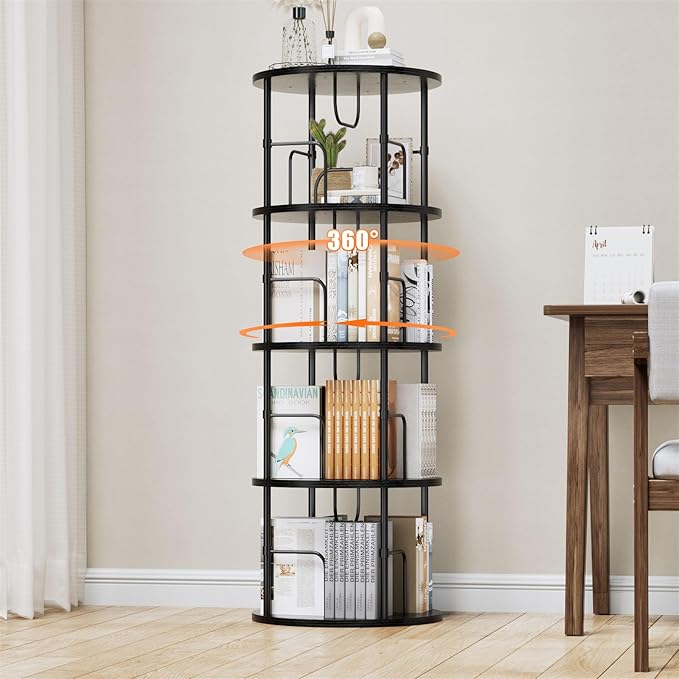 Rotating Bookshelf, 4 Tier Spinning Bookshelf Tower, 360° Display Round Bookcase, Floor Standing Corner Revolving Bookshelf Organizer Storage Rack for Small Spaces, Home Study Office, Black