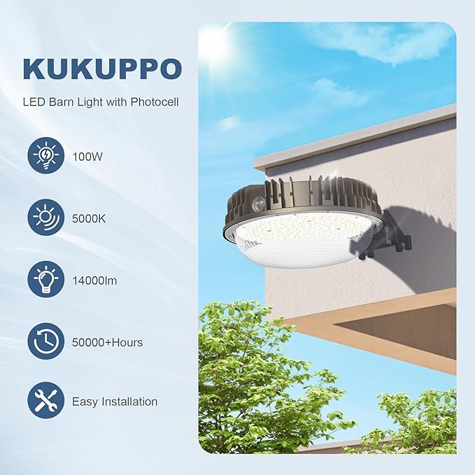 KUKUPPO 100W LED Barn Light with Photocell, ETL Listed 14,000LM LED Yard Light Outdoor, IP65 Waterproof, 5000K Daylight LED Pole Light Area Security Flood Light Fixture for Yard, Barn, Farm, Street