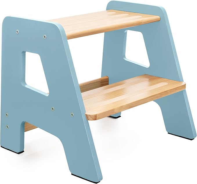 2-Step Wooden Step Stool for Toddlers | Kids Stool for Bathroom Sink & Kitchen Use | Non-Slip Step | Wooden Stool for Children Ages 2+ Years Blue