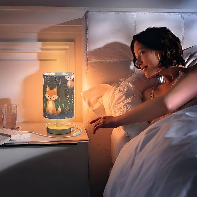 Bedside Lamp Cute Fox Animal Table Lamp with USB Port Wood Base for Living
