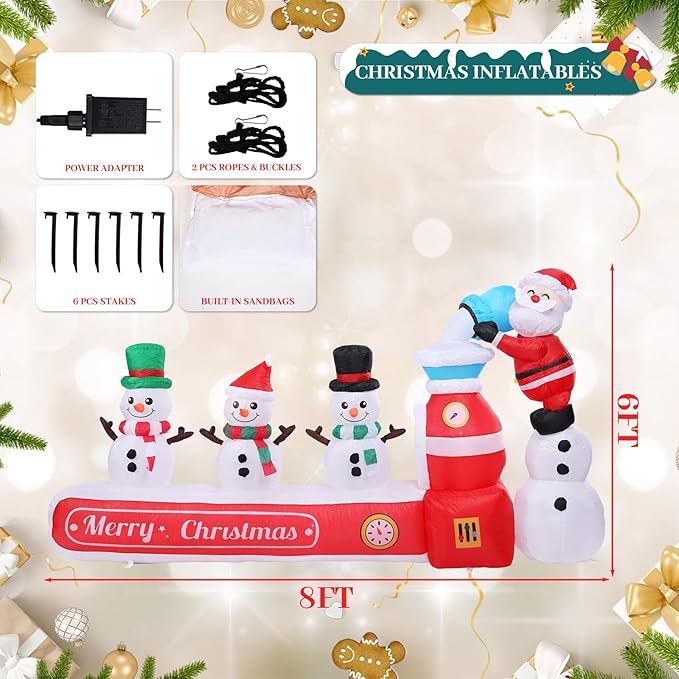 VCUTEKA Christmas Inflatables Outdoor Decorations, 8FT Blow Up Santa Claus with Three Snowmen, Animated Christmas Inflatable Yard Decoration with LED Lights for Holiday Lawn Garden Xmas Décor
