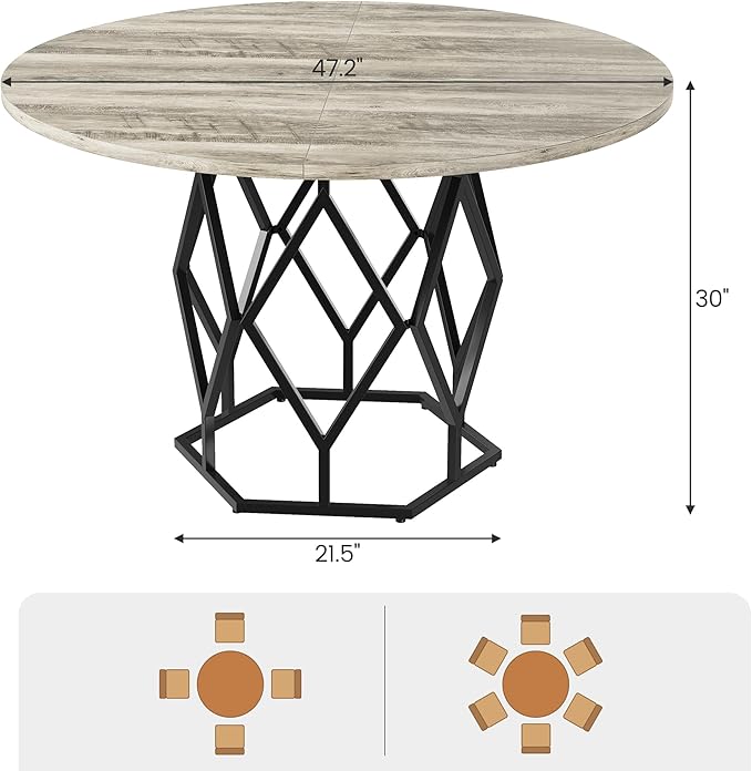 GarveeHome Round Dining Table for 4-6 People, 47 Inch Farmhouse Kitchen Table, Sturdy Metal Base, Industrial Wood Dinning Room Table for Kitchen, Grey