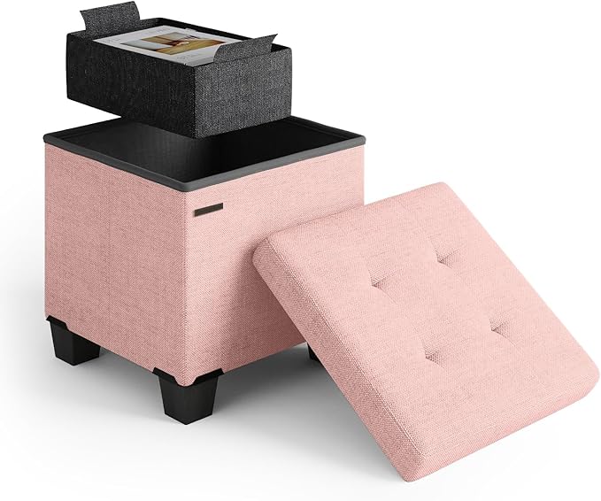 STORAGEBUD Storage Ottoman Cube with Small Bin, 16-in Square Ottoman with Storage for Living Room and Bedroom, Small Ottomans Foot Rest, Fabric Foot Stools Ottomans Max 330lbs, Pink