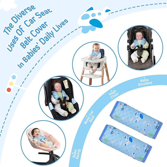 INFANZIA Car Seat Strap Covers for Infants Babies, Soft Carseat Shoulder Pads for Kids, Double-Sided Use Seatbelt Cushion Covers for Stroller, Pushchair & High Chair (Blue)