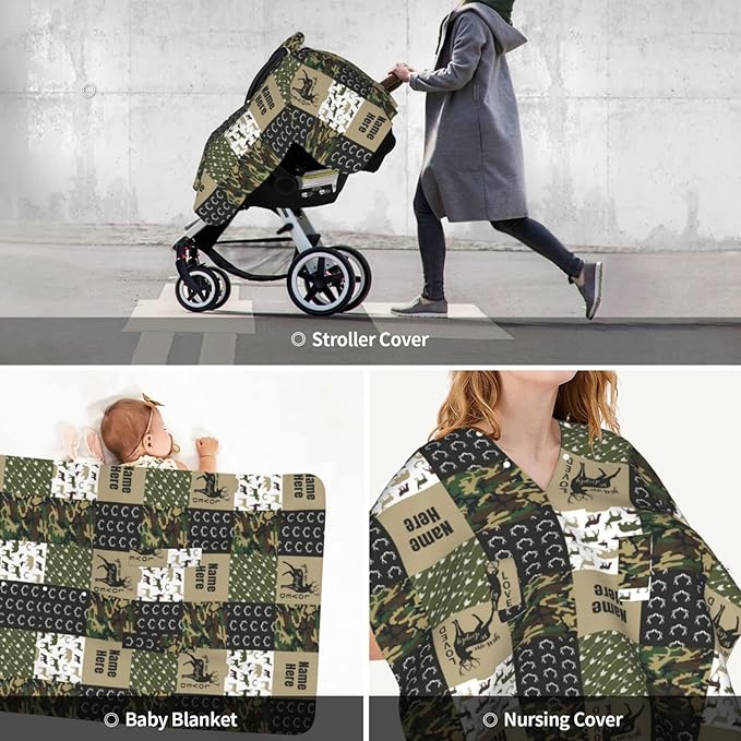 Personalized Woodland Moose and Bear Baby Car Seat Canopy for Babies with Name, Custom Car Seat Covers for Boys, Opening Minky Nursing Breastfeeding Cover Infant Car Seat Canopies for Newborn