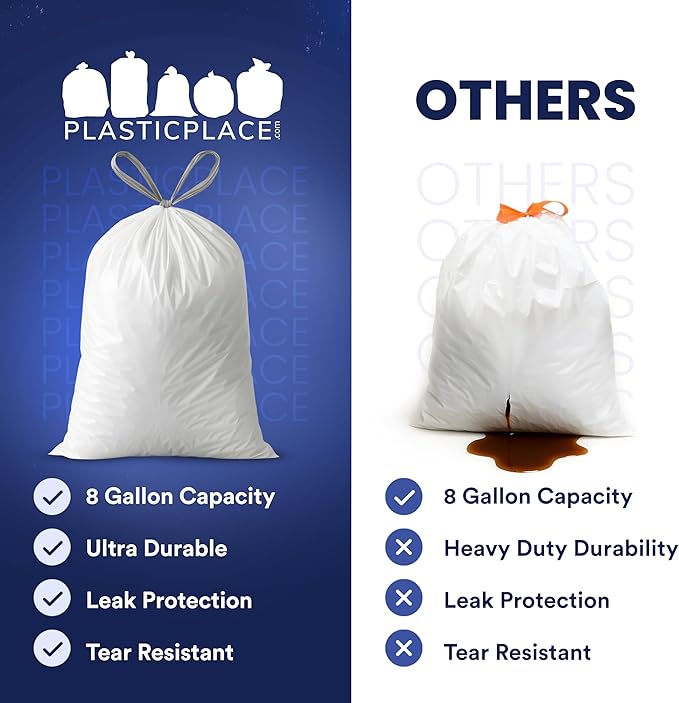 Plasticplace 8 Gallon Trash Bags: Premium White Drawstring Garbage Bag