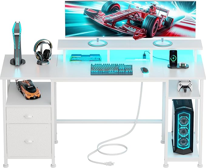 Furologee 61" Computer Desk with Power Outlet and LED Lights, Reversible Gaming Desk with File Cabinet & Monitor Stand for Home Office, Large Work Table with Storage Shelves & Drawer, White