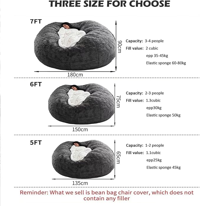 BCU Bean Bag Cover Comfy Beanbag Chair for Adults Without Filler Faux Fur Lazy Sofa Cover for Living Room Chairs, Dark Grey, 3.5FT
