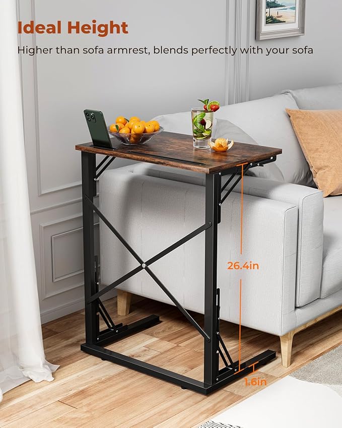 21''Wx28''H Folding TV Tray Set of 2, Small Foldable C-Shaped Tray Table for Eating with Tablet and Phone Slots, Slide Under Couch Side Table for Recliner, Living Room, Bedroom, Rustic Brown