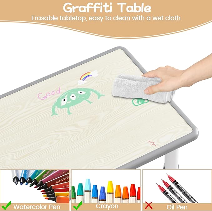 GarveeHome Kids Table and 6 Chairs Set, Height Adjustable Toddler Table and Chair Set, Graffiti Desktop, Children Study Play Dinner Table for Home Daycare Preschool for Ages 2-8, Grey
