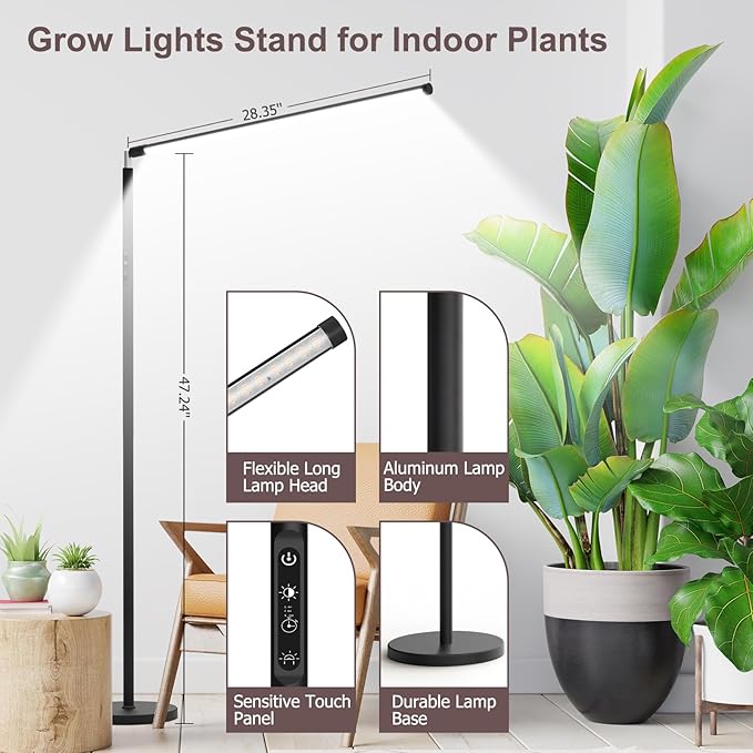STERREN Plant Floor Lamp for Indoor Plants, Full Spectrum LED Grow Light with 4/8/12H Timer, Dimmable Black Plant Light with Stand, Rotary Tall Grow Lights Head Adjustable, 4000K