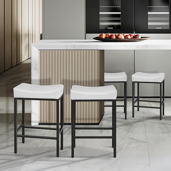 Athena Collection Counter Height Bar Stools Set of 2, 31.5 Inches Saddle Bar Stools with Leather Upholstered and Metal Legs, Backless Barstools for Counter, Kitchen Island, Dining Room, White
