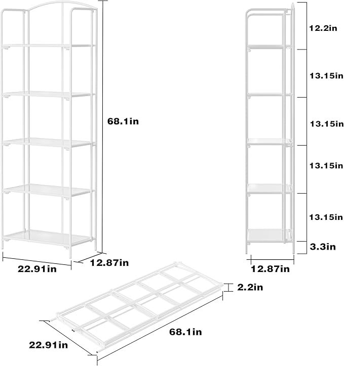 Crofy No Assembly Folding Bookshelf for Living Room, 5 Tier White Collapsible Book Shelf for Home Office, Portable Bookcase Storage Organizer