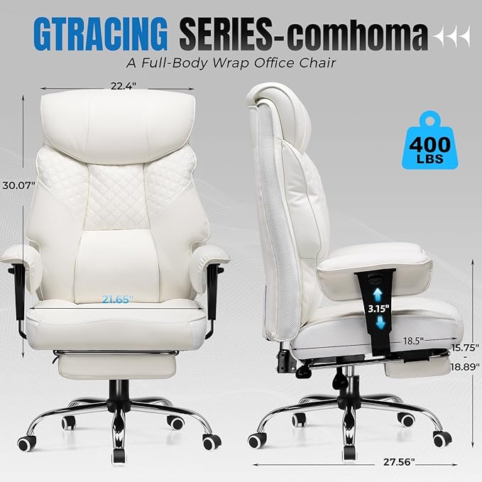 GTRACING Big and Tall Office Chair 400LBS Wide Ergonomic Gaming Chair with Deluxe Embossing Designed Leather with Foot Rest,150°Reclining Adjustable Soft Armrests Pocket Spring Back Support and Pillow