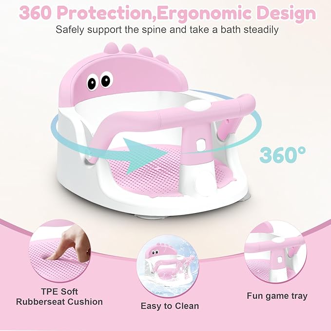 Baby Bath Seat for Babies 6 Months & Up Sitting Up, Non-Slip Baby Bath Chair with Suction Cup, Safe and Comfortable Portable Infant Bath Seat for Bathroom, Bathtub Tub, Easy to Clean (Pink)